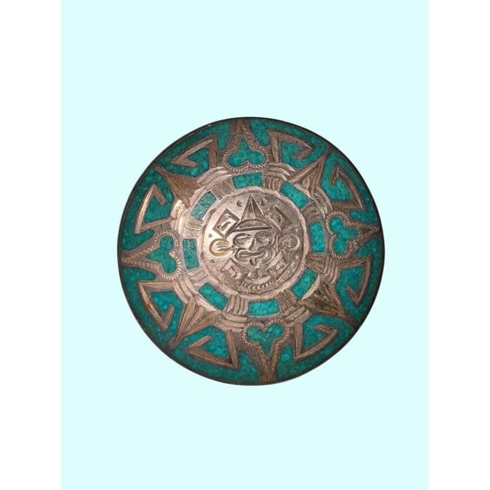 Vintage Mexican Sterling Silver & Turquoise Brooch With Aztec Calendar Design Si